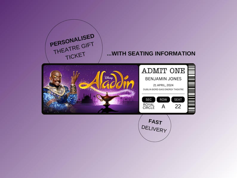 Aladdin Musical Theatre Ticket With Seating - Surprise Reveal, Gift ...