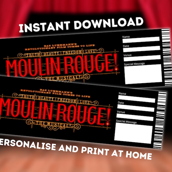 Moulin Rouge Theatre Ticket - Printable Broadway Gift - Editable Musical Souvenir - PDF Instant Download