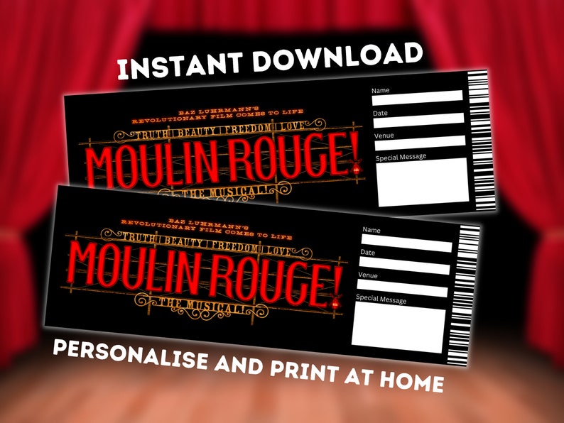Moulin Rouge Theatre Ticket Printable Broadway Gift Editable Musical Souvenir PDF Instant