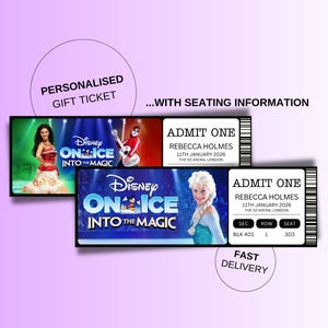 May include: Personalised gift tickets for Disney On Ice: Into the Magic. The tickets feature images of characters and include seating information. The text "Fast Delivery" is also visible.