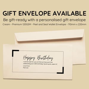 May include: A cream-colored gift envelope with a peel and seal closure. The envelope is 110mm x 220mm and is made of 120GSM paper. The envelope has a personalized message inside that says "Happy Birthday" and includes a birthday greeting.