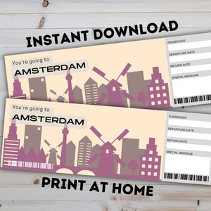 AMSTERDAM Niederlande Surprise Reveal Geschenkticket - druckbare Bordkarte - bearbeitbares personalisiertes Geschenk - PDF-Sofortdownload