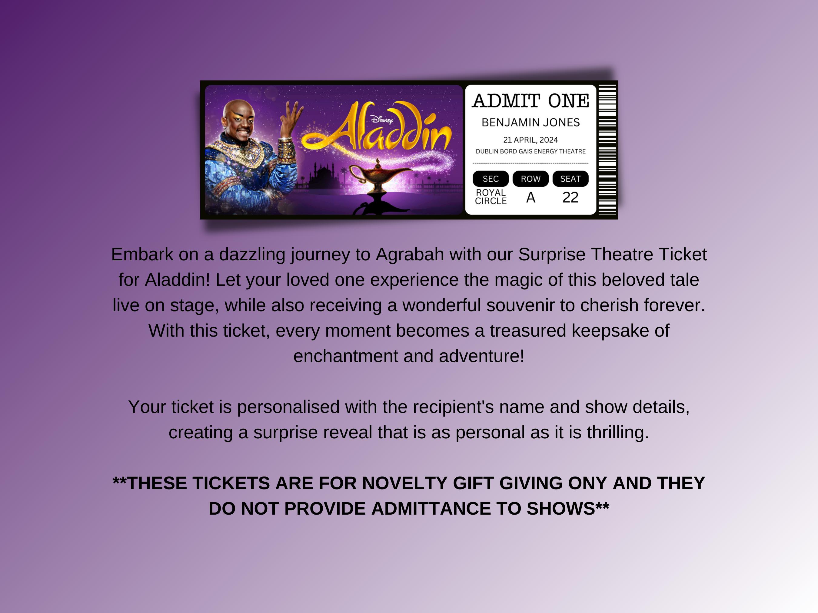 Aladdin Musical Theatre Ticket With Seating - Surprise Reveal, Gift ...