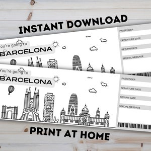 BARCELONA Spanje Surprise Reveal Gift Ticket - Afdrukbare instapkaart - Bewerkbaar gepersonaliseerd cadeau - PDF Instant Download