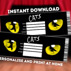 Billet de théâtre Cats - Cadeau imprimable Broadway West End - Souvenir musical modifiable - PDF Téléchargement instantané