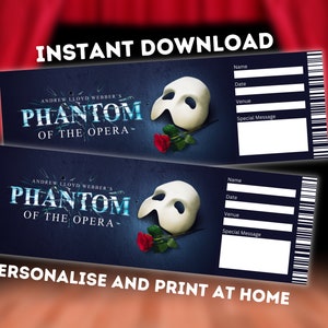 Biglietto per il teatro Il Fantasma dell'Opera - Regalo stampabile per Broadway West End - Ricordo musicale modificabile - Download istantaneo PDF