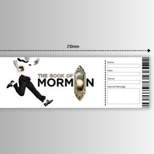 May include: A white ticket with black text for the musical "The Book of Mormon". The ticket has spaces for the name, date, venue, and a special message. A black and white image of a man running with a book in his hand is on the left side of the ticket. A silver door knocker is on the right side of the ticket.