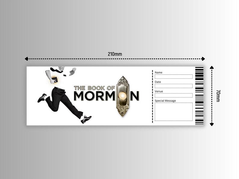 May include: A white ticket with black text for the musical "The Book of Mormon". The ticket has spaces for the name, date, venue, and a special message. A black and white image of a man running with a book in his hand is on the left side of the ticket. A silver door knocker is on the right side of the ticket.