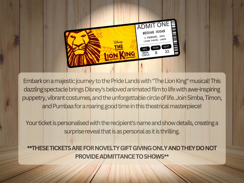 The Lion King Musical Theatre Ticket with Seating Surprise Reveal, Gift Card, West End Shows, Souvenir, Memorabilia, Keepsake image 2