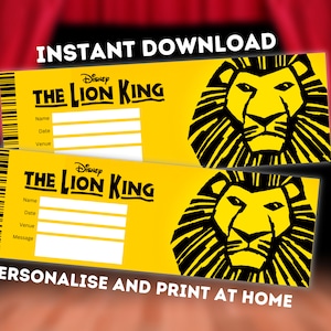 Entrada al Teatro del Rey León - Regalo imprimible de Broadway West End - Recuerdo musical editable - Descarga instantánea en PDF