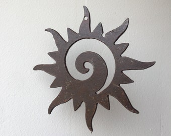 Rusted small Sun mobile for hanging or wall mounting. Handmade Indoor & Outdoor metal boho wall art and garden art.  Beautiful gift ideas.