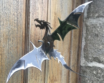 Dragon Ornament for the wall. Screw Mounted Shiny Metal Garden Art