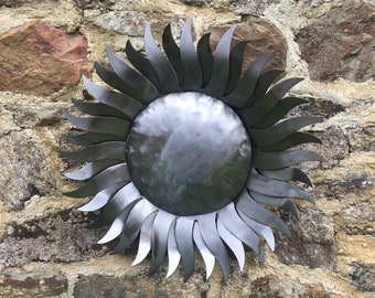 Handmade large metal shiny Sun for wall mounting. Indoor & Outdoor metal boho wall art made by blacksmith. Beautiful gift ideas.