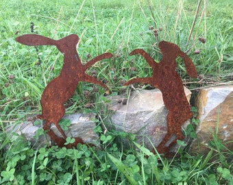 Rusted Boxing Hares in a pair. Rusty Metal Garden Art. Animal art. Outdoor art.