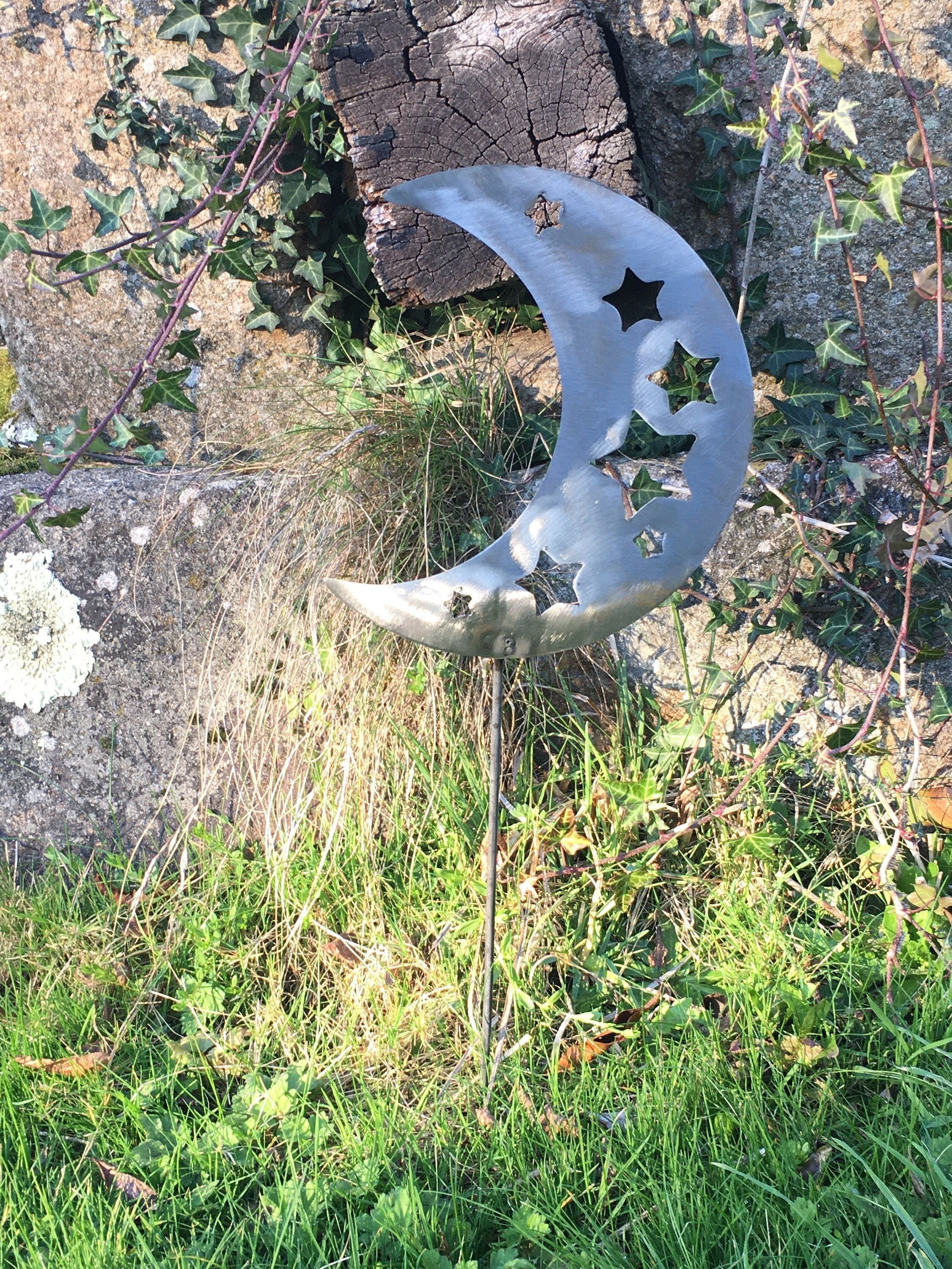 Lune en Métal avec Étoiles - Pieux de Jardin et Pot Plantes Art Brillant Nu Cadeaux d'art Décoratif 