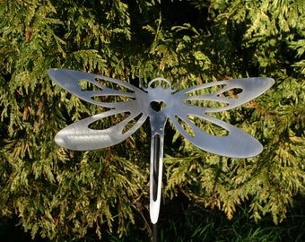 Dragonfly Metal Garden Art -Garden & plant pot stakes - Handmade bare metal shiny garden gifts - exterior deco art - outdoor metal insects