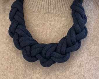 Navy blue chunky knot necklace,  made from recycled cotton cord with a magnetic fasten