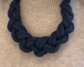 Navy blue chunky knot necklace,  braided statement necklace, woven macrame jewellery, sustainable recycled cotton