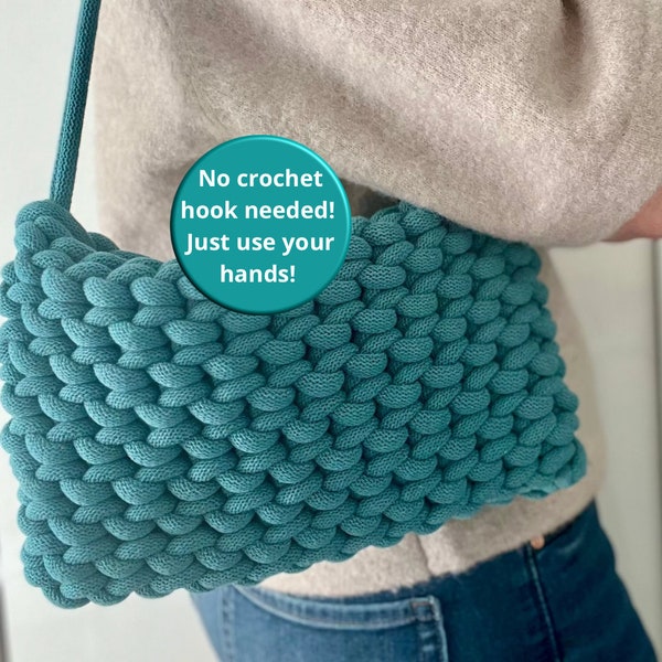 Hand Crochet Bag Pattern, Beginner Friendly, Finger Knitting Shoulder Bag Tutorial, Step by Step Guide With Video