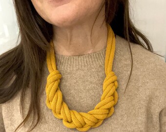 Yellow statement necklace, chunky knot necklace, recycled necklace, colourful necklace