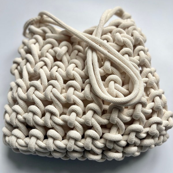 Off-White Chunky Crochet Bag: Recycled Cotton Cord Boho Shoulder Bag