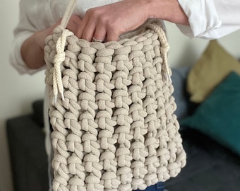 Beige shoulder bag, summer casual bag, holiday bag, crocheted handbag, recycled cotton