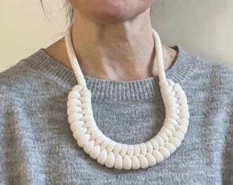 Off white woven necklace, made from chunky recycled cotton cord with magnetic fasten