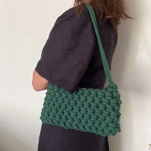 Dark green small shoulder bag, zipped evening bag, bag for wedding guest, hand crocheted recycled cotton