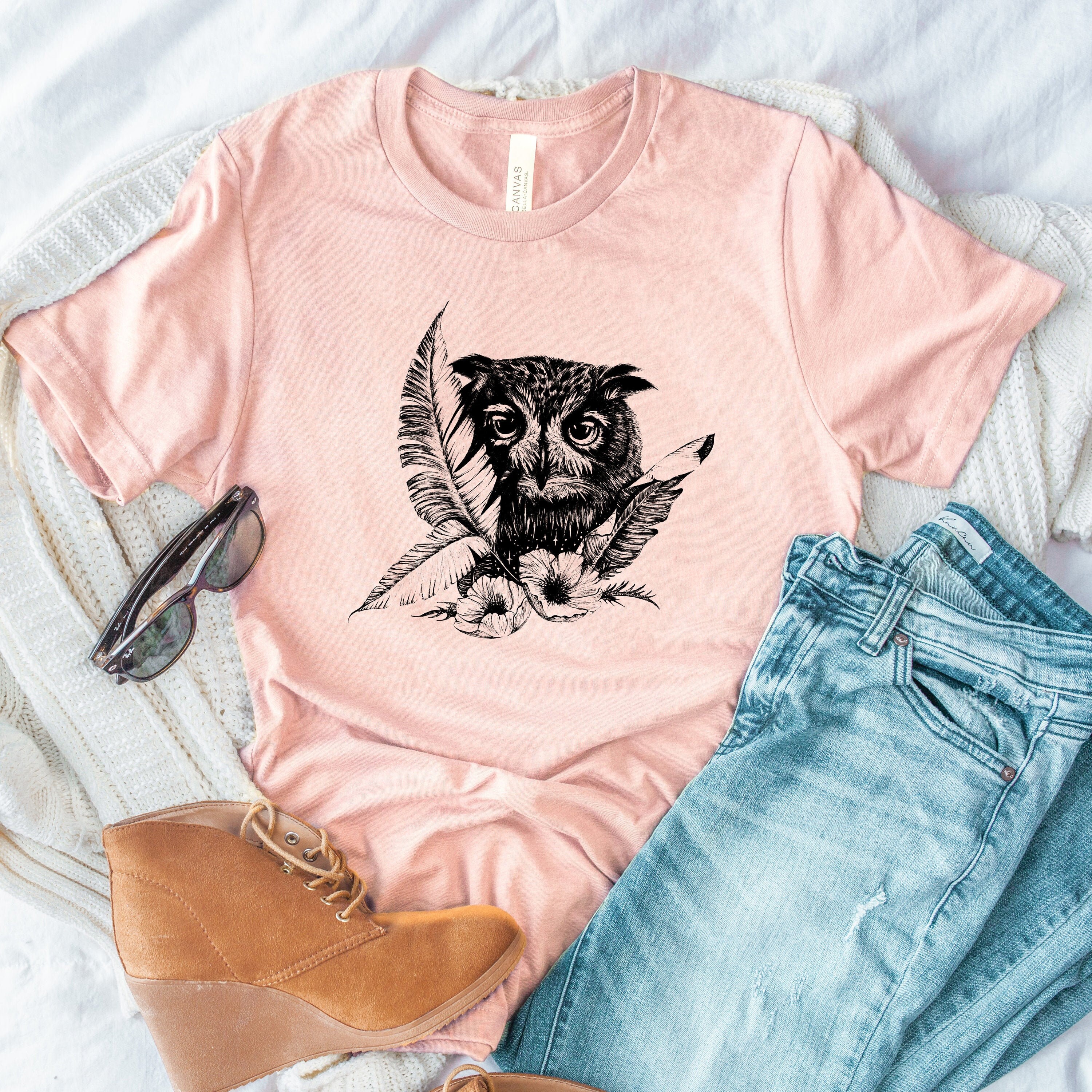 Owl T Shirt Vegan Animal Bird Drawing Boho Wildlife Gift Womens Girl Printed Tee 
