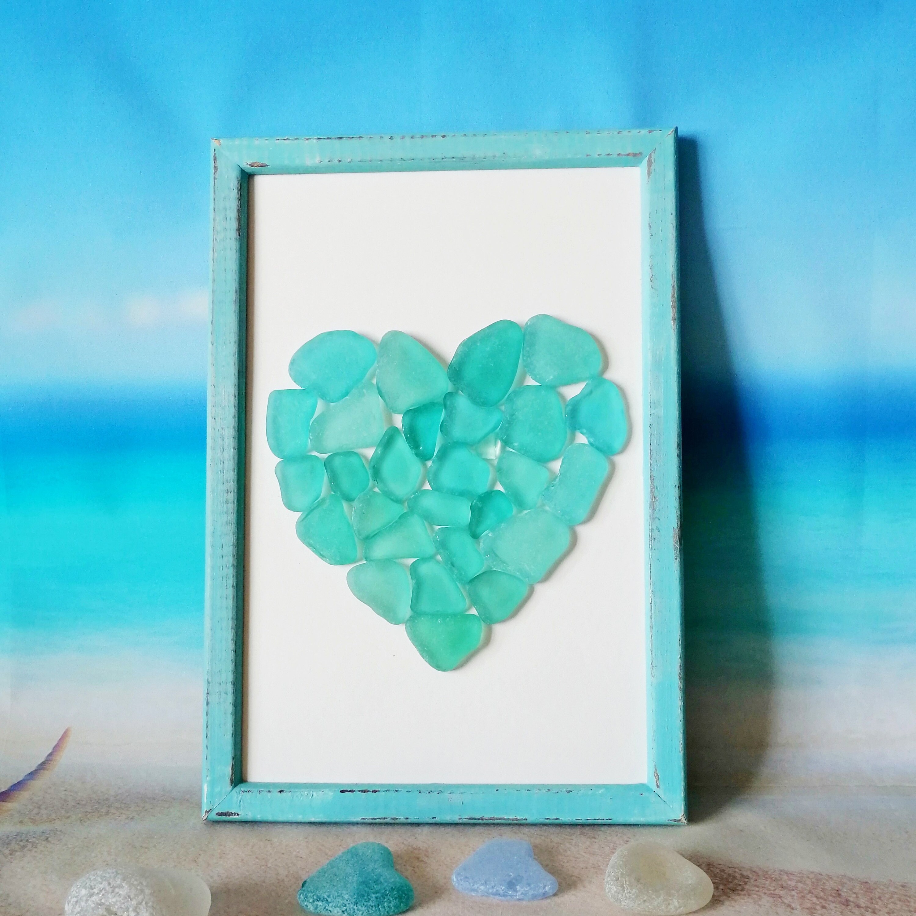 Sea glass heart Blue Sea Glass Art Heart ornament Romantic Etsy