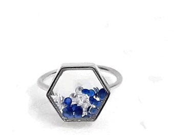 Hexagon Shaker Ring: Blue & White Topaz, 925 Sterling Silver Filled (12X12mm)