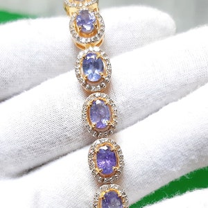 Tanzanite Bracelet Studded With Natural Pave Diamond 925 Sterling Silver ,14K gold Plated Handmade Bracelet  7.5 Inch
