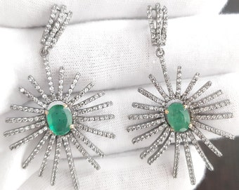 Emerald & White Topaz 925 Sterling Silver Dangle Earrings
