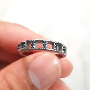 Half Eternity Band In Natural Sapphire and Pave Diamond 925 Sterling Silver With Black Oxidized  Handmade Band Ring Size US 7