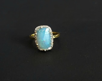 Fire Opal Ring: Pave Diamond, 14k Gold Plated 925 Sterling Silver