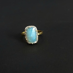 Natural Fire Opal Ring Studded with Pave Diamonds 925 Sterling Silver 14k Gold Plated Ring Gift for her
