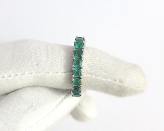 Natural Emerald Eternity Band 925 Sterling Silver White Plated Eternity Band Ring Gift for her