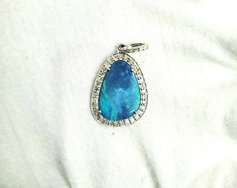 Opal Charm Penadnt Blue Opal Pendant 925 Sterling Silver Studded With Pave Diamond Handmade Jewelry .