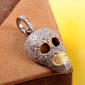 Skull Pendant 925 Sterling Silver Pave Diamond Skull Pendant With Black Oxidized ,14k Gold Plated , 18&#39;&#39; Chain Available
