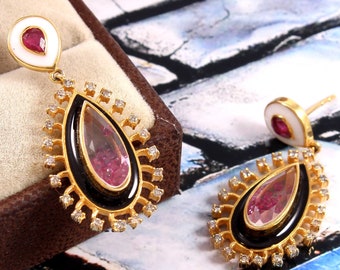 14k Gold Plated Dangle Earrings: Black & White Enamel, Pave Diamond, Ruby Gemstone