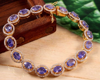 Tanzanite Bracelet Pave Diamond Tanzanite Bracelet 925 Sterling Silver 14K gold Plated 7.5 Inch Handmade Jewelry Natural Tanzanite Gemstone