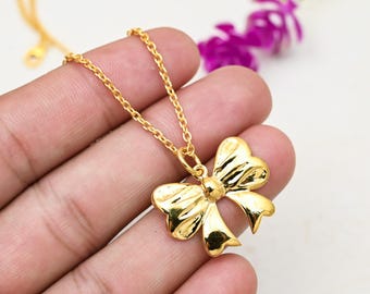 18k Gold Plated Bow Pendant, Sterling Silver Ribbon Charm