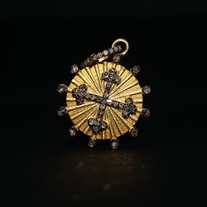 cross charm pendant round cross pave diamonds pendant 14k gold plated 925 sterling silver gift for her 20x20mm chain  18&quot;