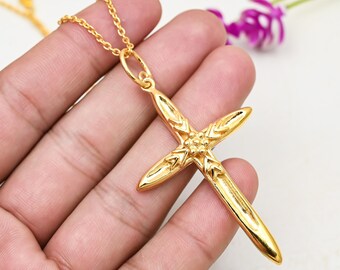 Cross Pendant 18k Gold Plated 925 Sterling Silver Christian Necklace