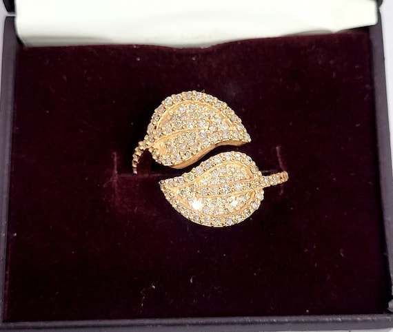 Diamond Leaf Ring: 14k Rose Gold Plated Sterling Silver Statement Ring