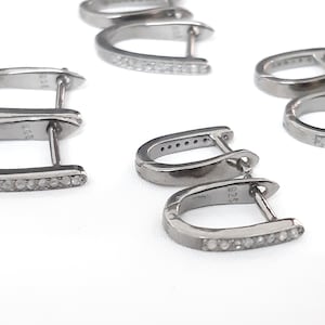 Pave Diamond Sterling Silver Hoop Earrings - Oxidized Finish (17mm, 13mm)