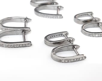 Pave Diamond Sterling Silver Hoop Earrings - Oxidized Finish (17mm, 13mm)