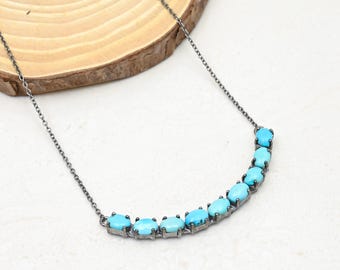 Handmade Turquoise Necklace, Oxidized Sterling Silver Pendant, 14+2 Inch Chain
