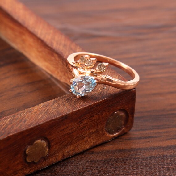 Blue Topaz Pave Diamond Ring: 14k Rose Gold Sterling Silver