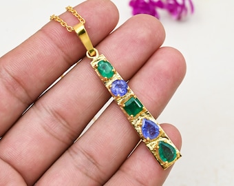 Bar Pendant Natural Emerald & Tanzanite Multi Stone Vertical Pendant
